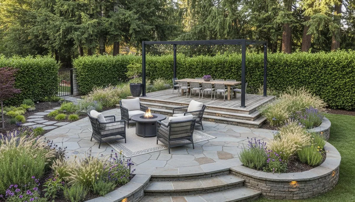 Backyard patio and landscape design with lighting and seating by Chop Chop Landscaping in Redding, CA