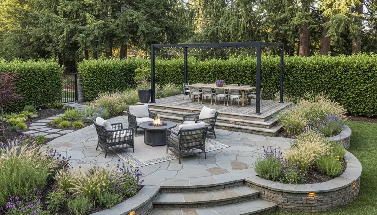 Backyard patio and landscape design with lighting and seating by Chop Chop Landscaping in Redding, CA