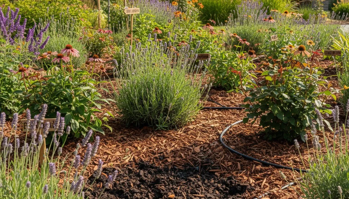 Organic landscape beds with lush plants and natural mulch in sustainable garden, Redding CA
