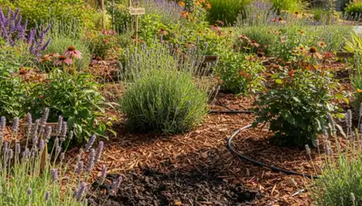 Organic landscape beds with lush plants and natural mulch in sustainable garden, Redding CA