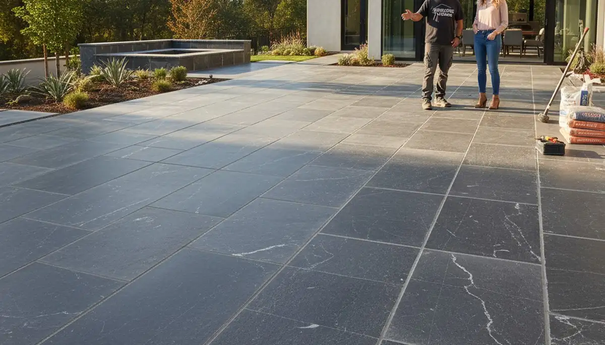 Modern large stone slab patio installation by Chop Chop Landscaping in Redding, CA