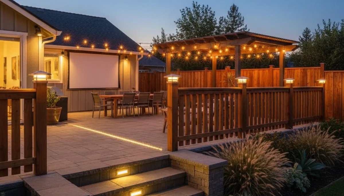 Deck and patio landscape lighting in Redding, CA enhancing outdoor living with warm, layered illumination