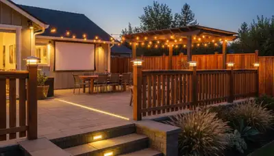 Deck and patio landscape lighting in Redding, CA enhancing outdoor living with warm, layered illumination