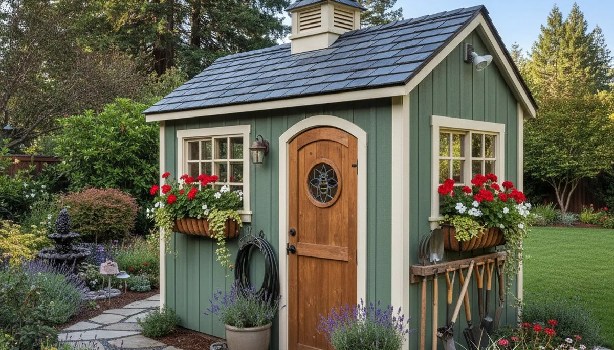 Decorative garden shed with custom landscaping and pathway by Chop Chop Landscaping in Redding, CA