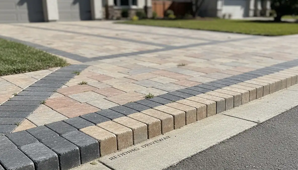 Decorative paver border and driveway edging with soldier course design in Redding, CA landscaping project