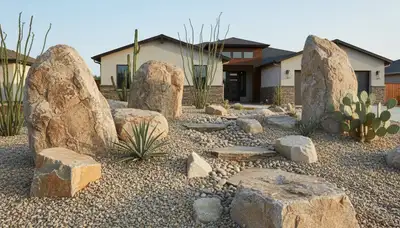 Decorative rock and boulder desertscape design in Redding CA with gravel and natural stone landscaping