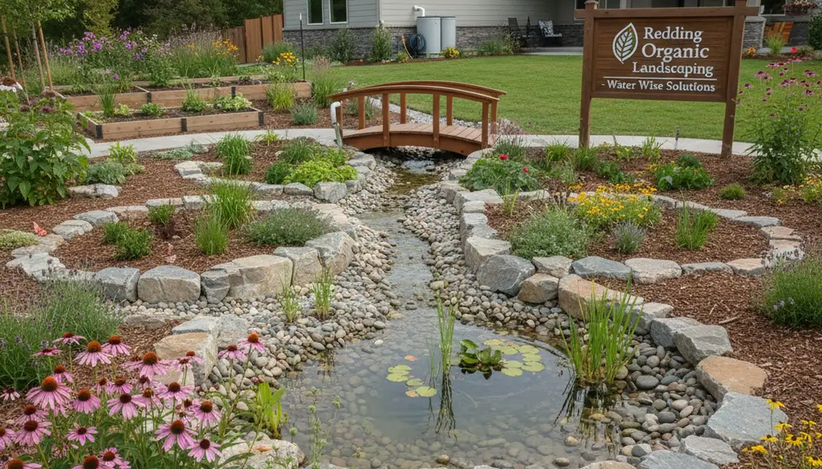 Rain garden and water recycling landscape design for sustainable homes in Redding, CA