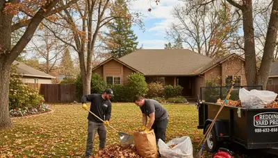 Landscapers raking and bagging fall leaves during yard clean up in Redding, CA