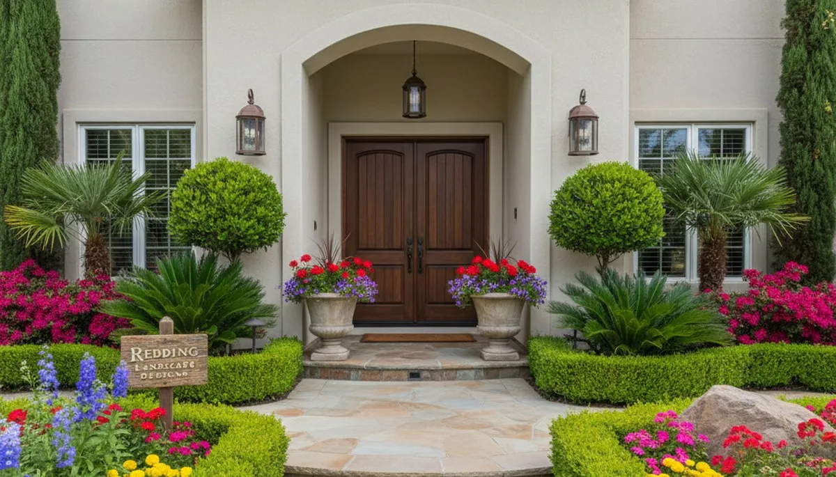 Front yard landscape design with colorful plants and shrubs enhancing curb appeal in Redding, CA