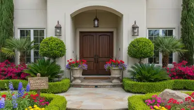 Front yard landscape design with colorful plants and shrubs enhancing curb appeal in Redding, CA