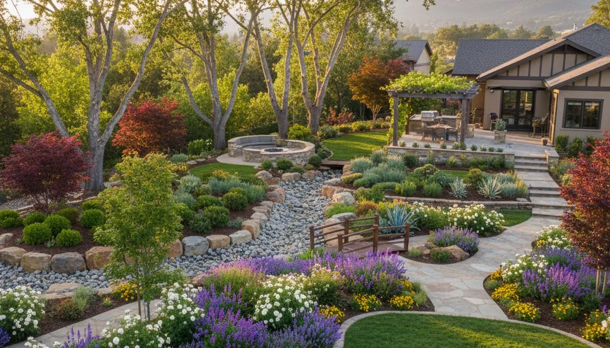 Full property landscape transformation with layered design and lawns by Chop Chop Landscaping in Redding, CA
