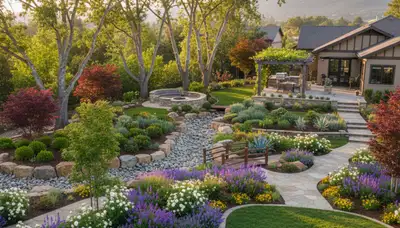 Full property landscape transformation with layered design and lawns by Chop Chop Landscaping in Redding, CA