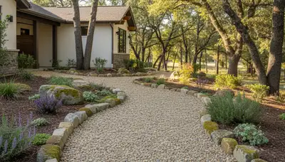 Pea gravel garden path with clean edging in landscaped yard, Redding CA landscaping installation