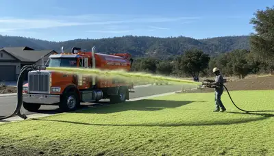 Hydroseeder truck spraying green slurry on lawn in Redding, CA by Chop Chop Landscaping