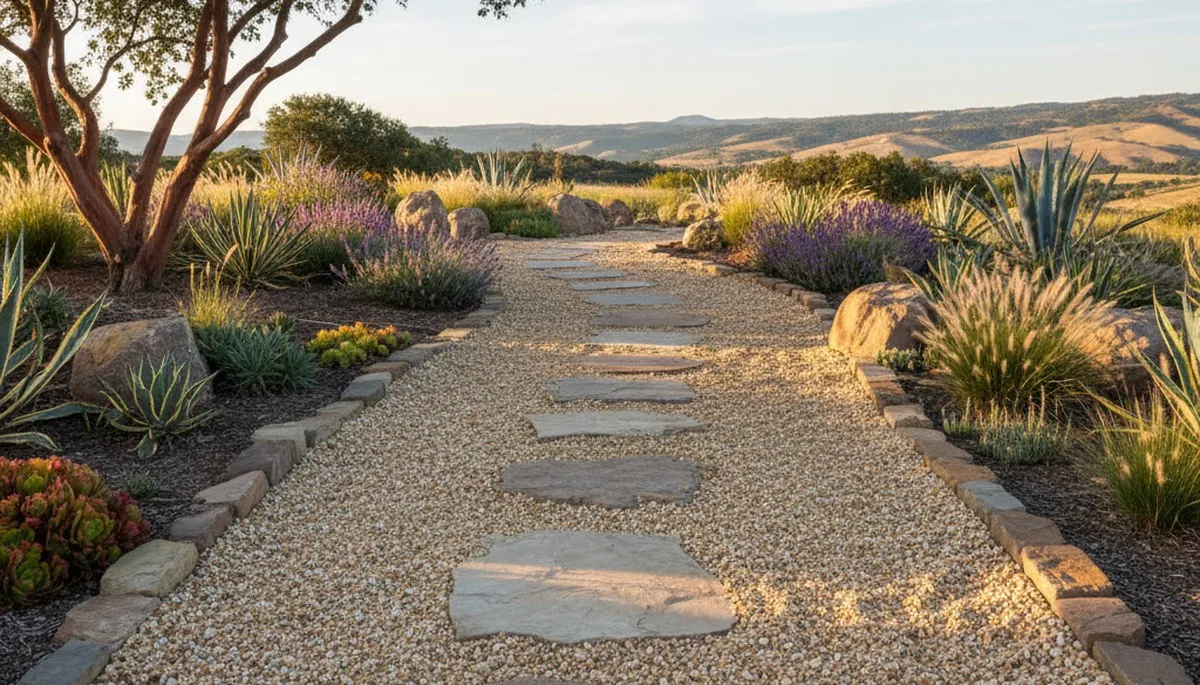 Mixed gravel and stepping stone path with pea gravel install by landscapers in Redding, CA