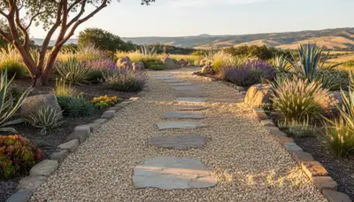 Mixed gravel and stepping stone path with pea gravel install by landscapers in Redding, CA
