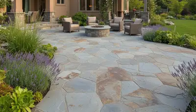 Natural flagstone patio installation with stone pavers by Chop Chop Landscaping in Redding, CA