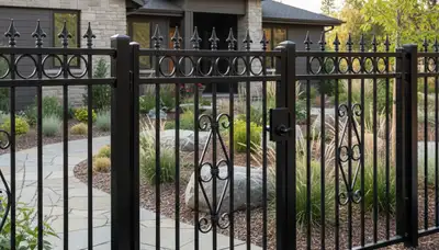 Ornamental black metal fence installation by Chop Chop Landscaping in Redding, CA for durable property security