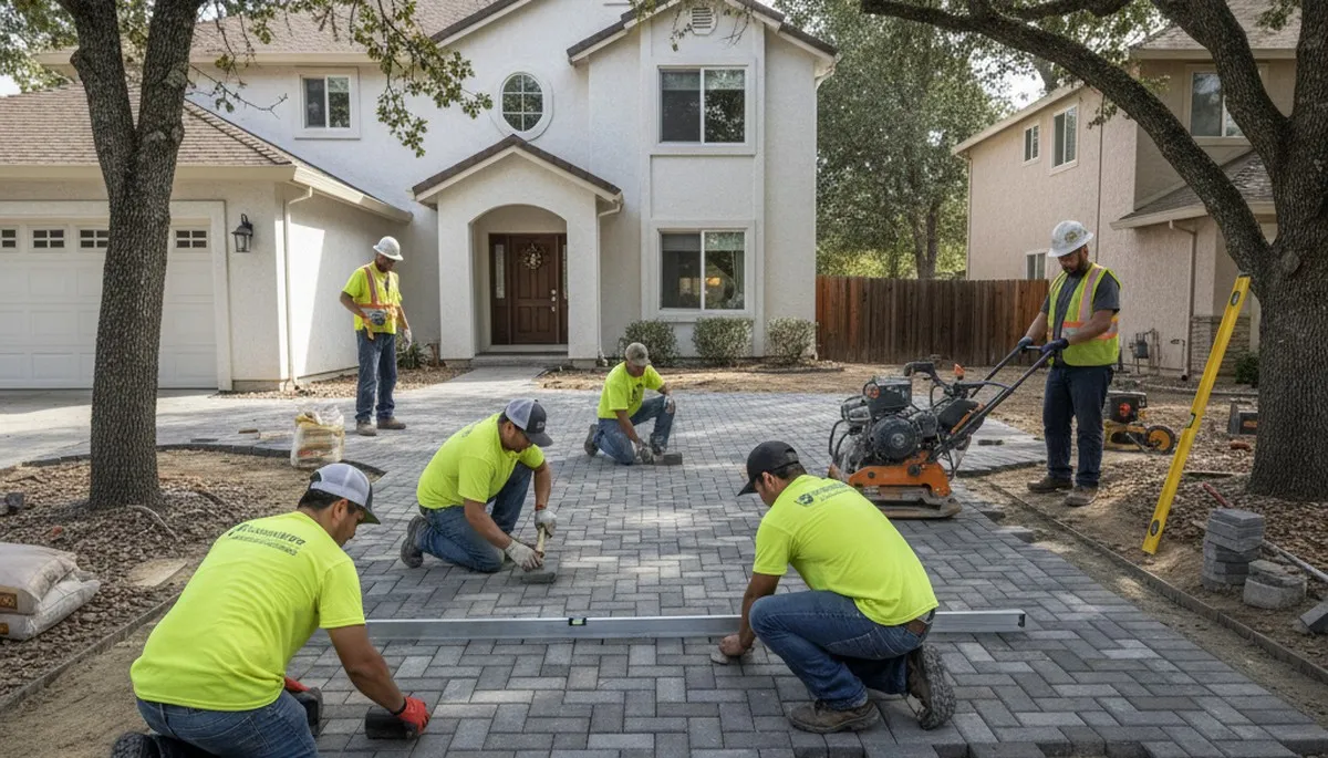 Professional crew installing driveway pavers in Redding, CA with precise leveling and base preparation
