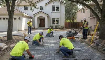 Professional crew installing driveway pavers in Redding, CA with precise leveling and base preparation