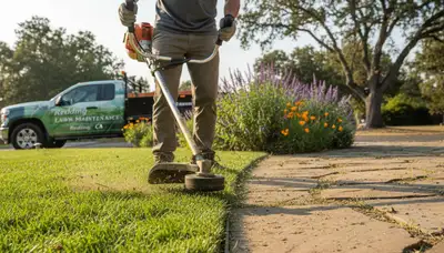 Technician performing precise lawn edge trimming with string trimmer in Redding, CA landscaping service