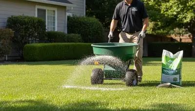 Lawn care technician fertilizing residential yard with spreader in Redding, CA for healthy green growth