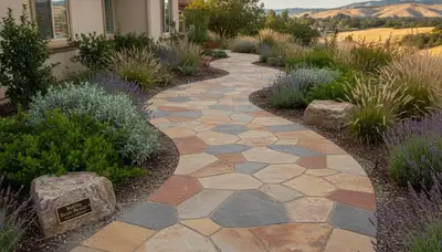 Expert stone paver walkway installation in Redding, CA enhancing landscaped residential outdoor space