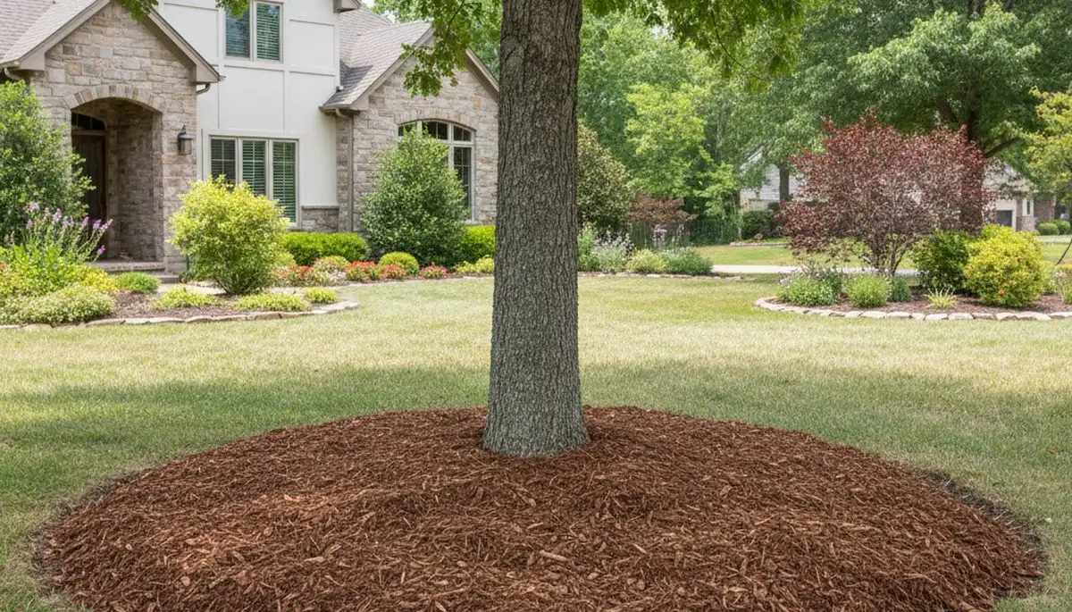 Professional tree ring mulching around base in Redding, CA landscape by Chop Chop Landscaping