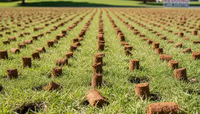 Close-up soil core plugs showing professional lawn aeration results in Redding, CA landscaping lawn