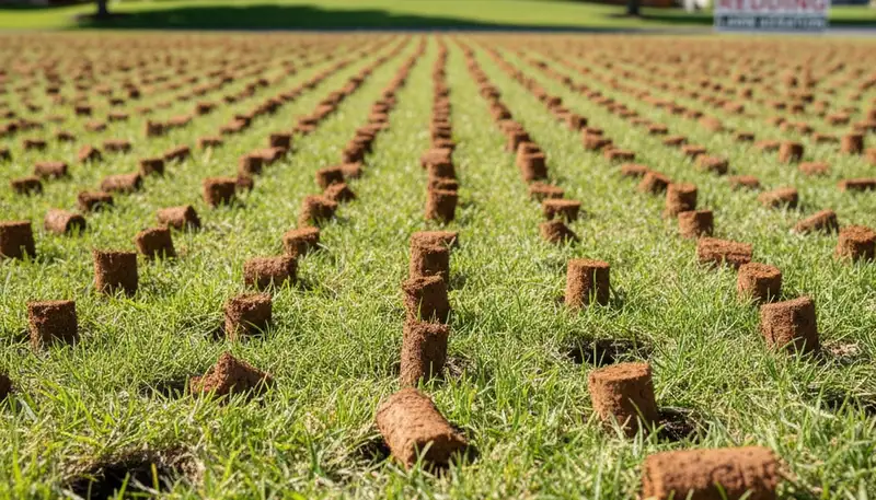 Close-up soil core plugs showing professional lawn aeration results in Redding, CA landscaping lawn