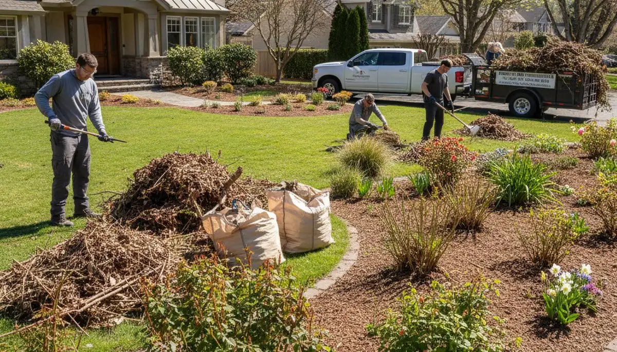 Landscapers clearing winter debris and pruning during spring yard clean up in Redding, CA