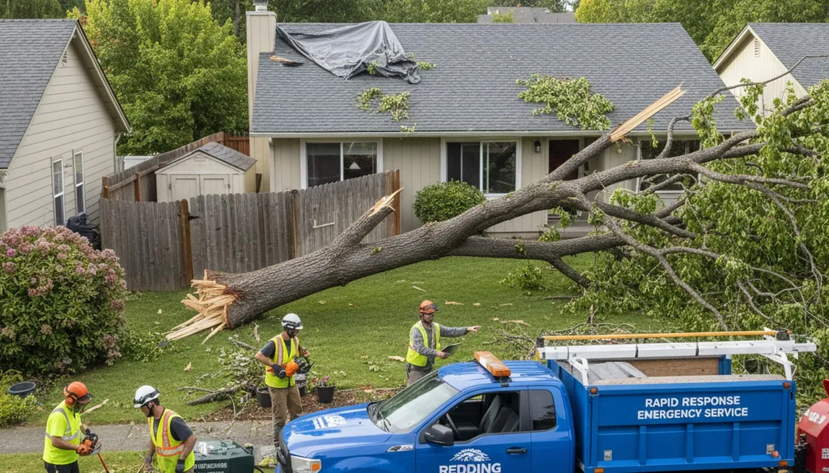 Storm debris cleanup crew clearing fallen branches on residential property in Redding, CA landscaping service