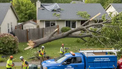 Storm debris cleanup crew clearing fallen branches on residential property in Redding, CA landscaping service