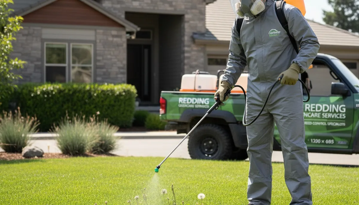 Lawn care technician applying targeted weed control on residential lawn in Redding, CA