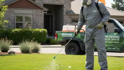 Lawn care technician applying targeted weed control on residential lawn in Redding, CA